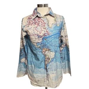 Misslook Womens World Map Print Button Down Blouse Size M Artsy Travel Unique